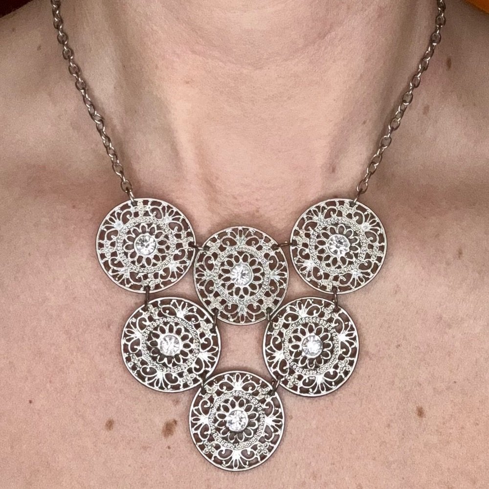 Silver Filigree Medallion Statement Necklace